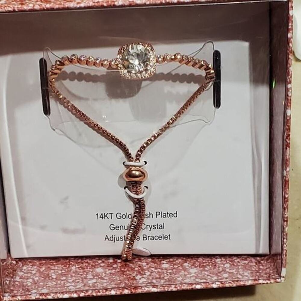 14KT Gold Flash Plated Genuine Crystal Adjustable Bolo Bracelet Rose Gold Tone